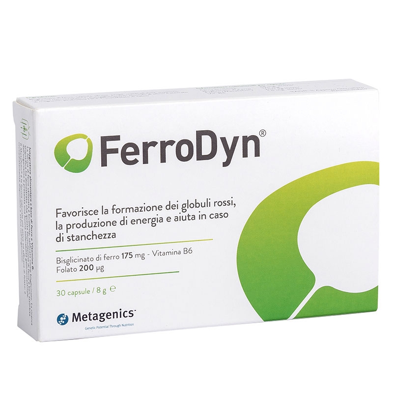 immagine della confezione Integratore FerroDyn 30 capsule di Metagenics, vista frontale